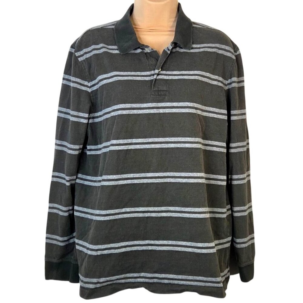 St. Johns Bay Mens Long Sleeve Polo Shirt M Striped Gray & White 100% Cotton